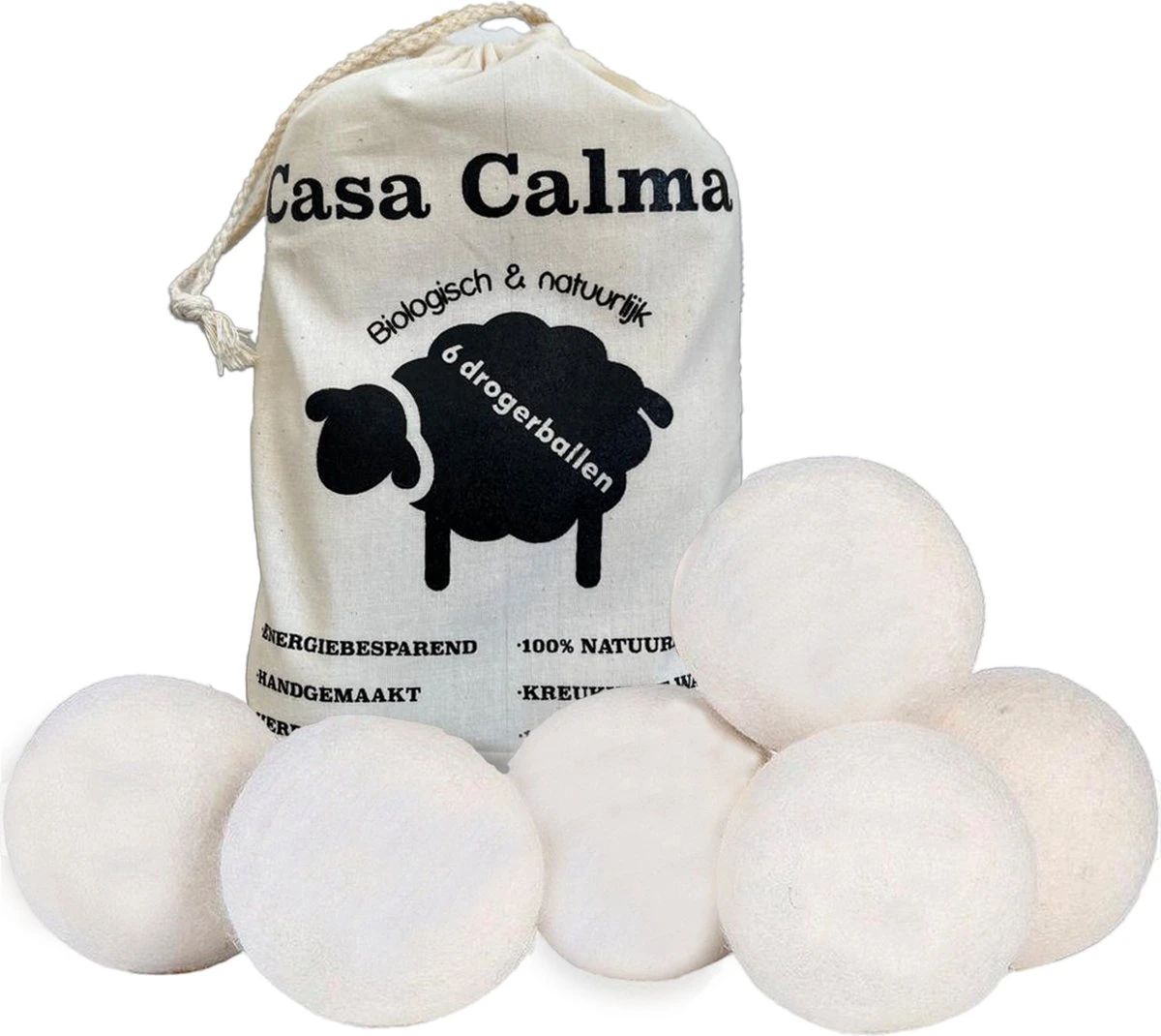 Casa Calma Drogerballen (6 Stuks) - Inclusief Opbergzakje - 100% Natuurlijk Schapenwol - Droger Ballen - Zero Waste Wasverzachter Bollen - Energiebesparend Drogen Met Droogbollen - Dryer Balls - Diervriendelijk & Milieuvriendelijk - Energie Besparen