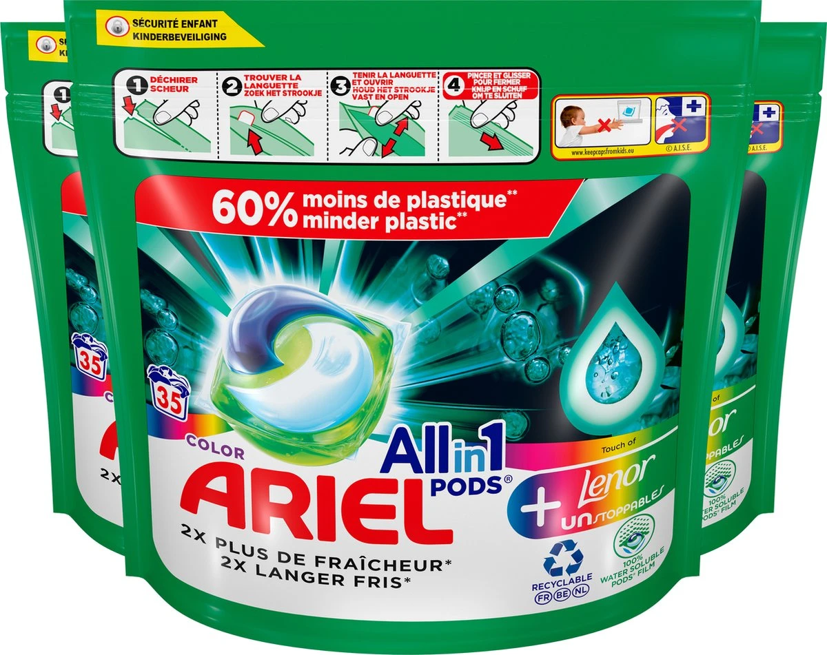 Ariel All In 1 Wasmiddel Pods + Touch Van Lenor Unstoppables - Wascapsules - Voordeelverpakking - 3 X 35 Wasbeurten 1 Ariel All In 1 Wasmiddel Pods + Touch Van Lenor Unstoppables - Wascapsules - Voordeelverpakking - 3 X 35 Wasbeurten
